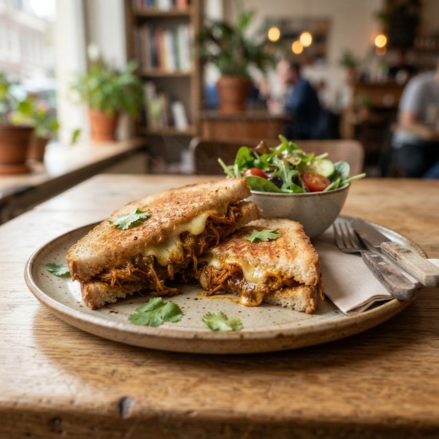 Tweede Jeugd Tosti: VEGAN RENDANG van jackfruit met vegan Cheddar