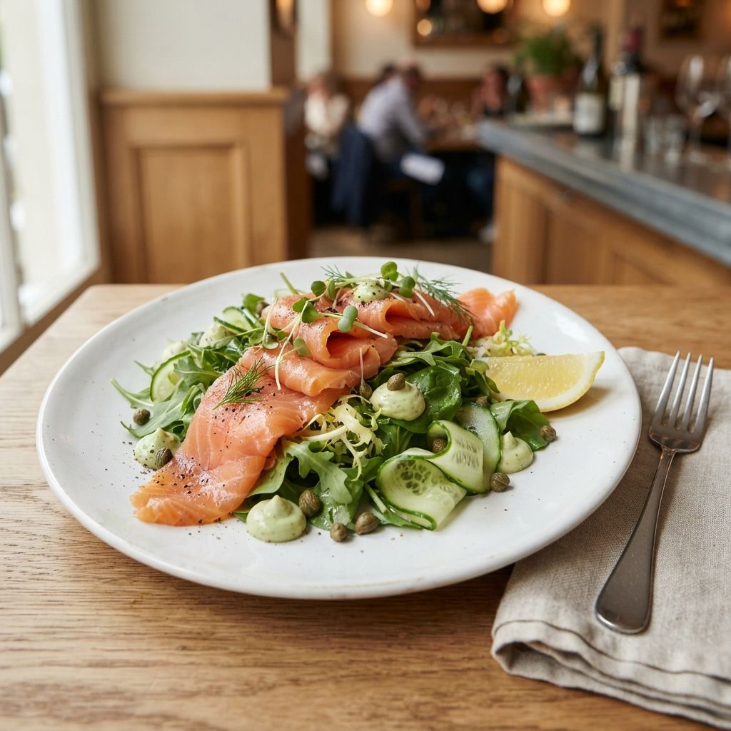 Salade met long sliced gerookte zalm, wasabimayo, kappertjes en gemarineerde komkommer