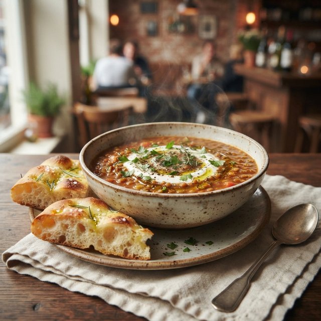 Huisgemaakte linzensoep met focaccia