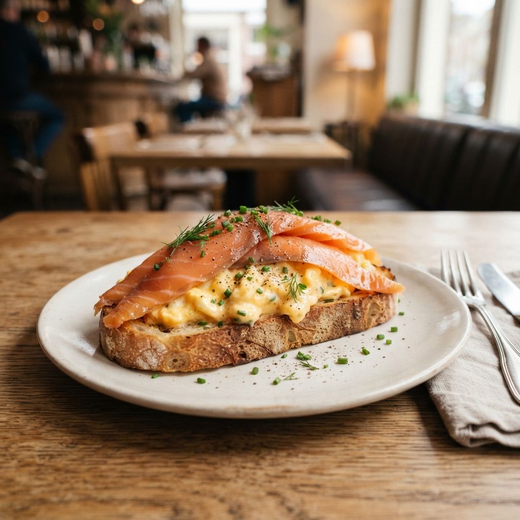 Roereieren met long sliced gerookte zalm en desemtoast
