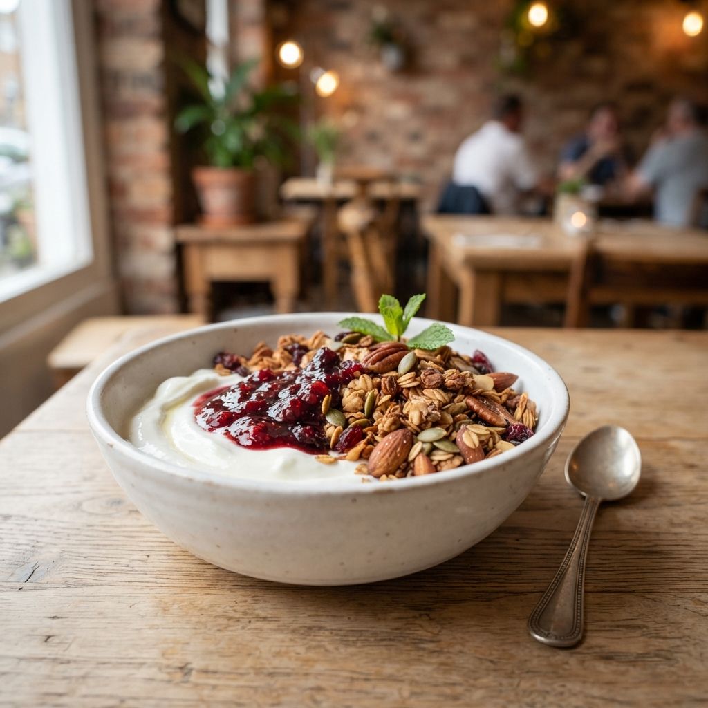 Huisgemaakt granola met yoghurt en jam