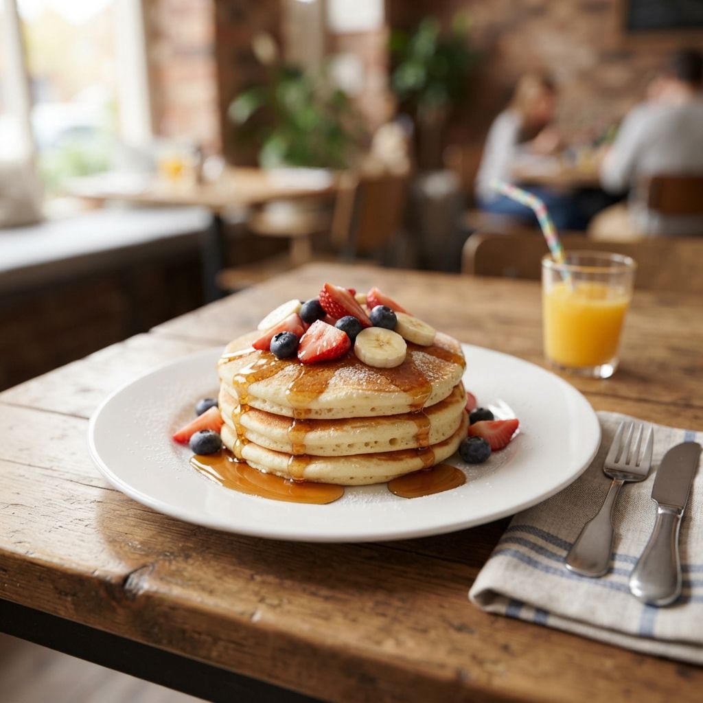 Pancake with fruit and maple syrup