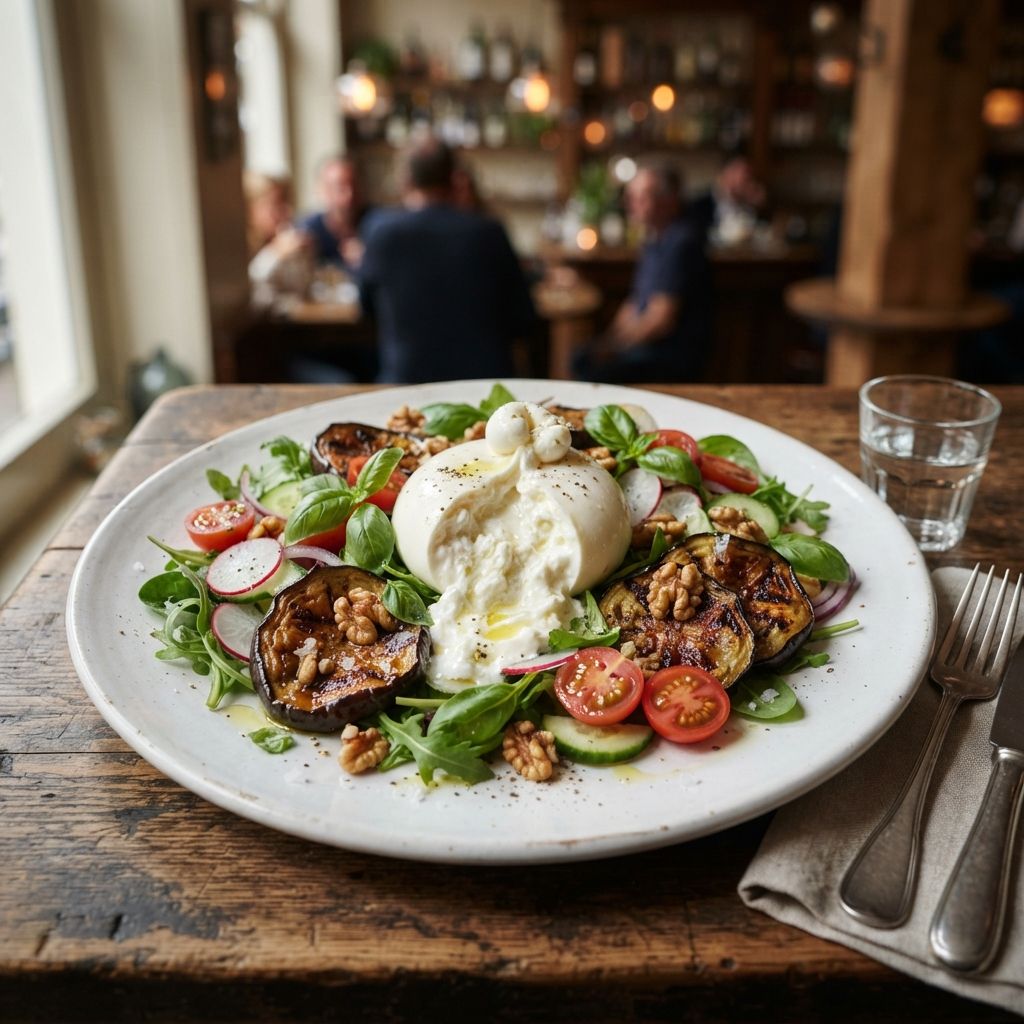 Burratasalade met geroosterde aubergine, sla, groenten, tomaat en walnoten