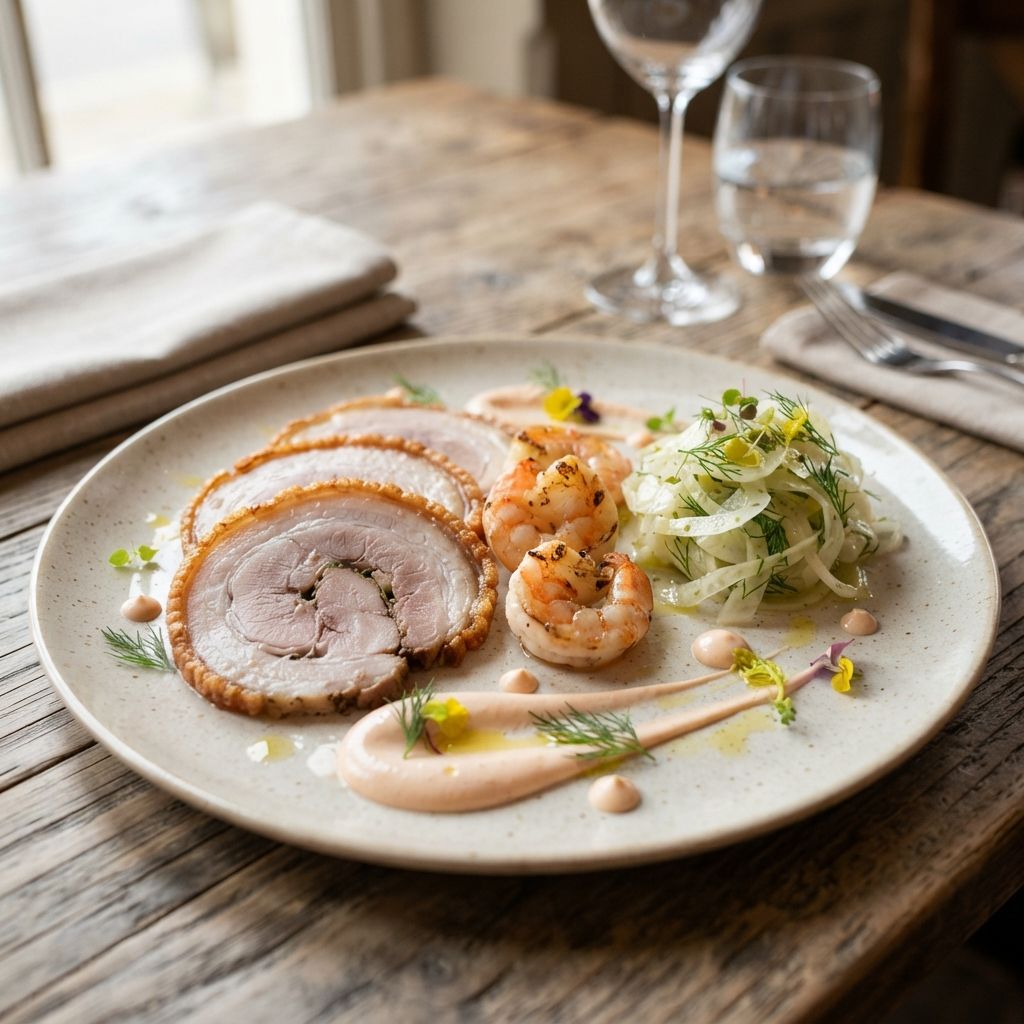 Porchetta met gamba's, venkelsalade en crème van garnalen