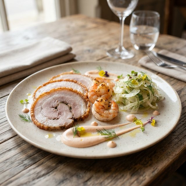 Porchetta met gamba's, venkelsalade en crème van garnalen