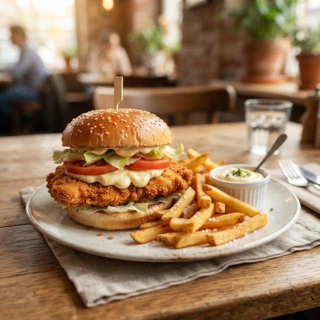 kipburger met remouladesaus en friet