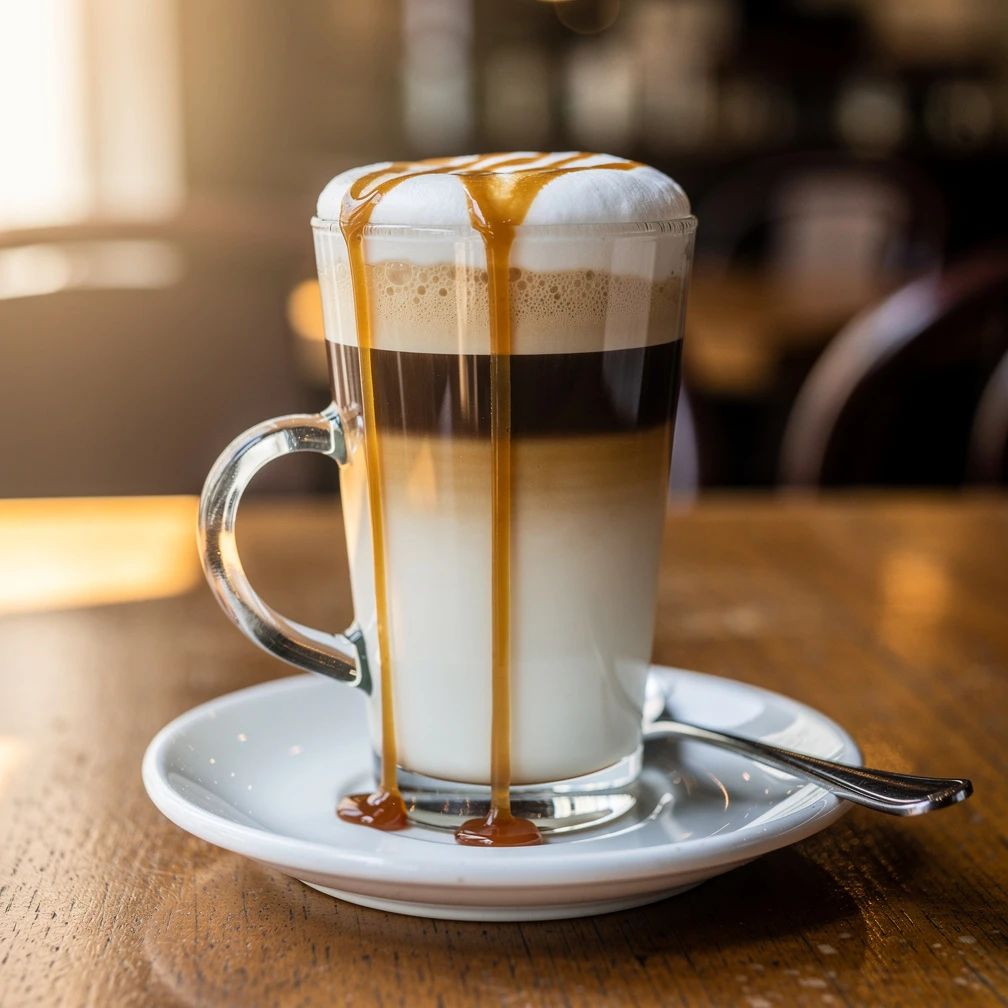 Special latte macchiato (Monin siroop: karamel, chocolade, vanille of amaretto)