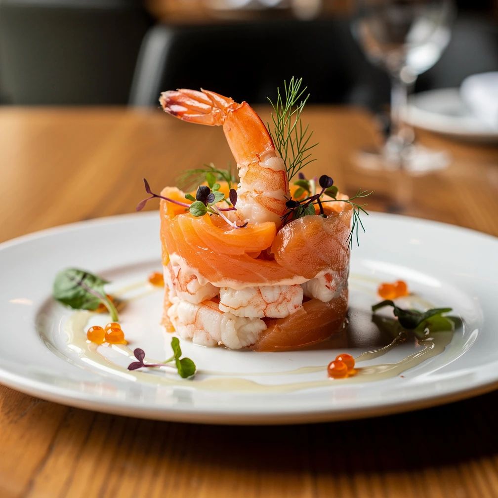 Taartje van rivierkreeft en gerookte zalm