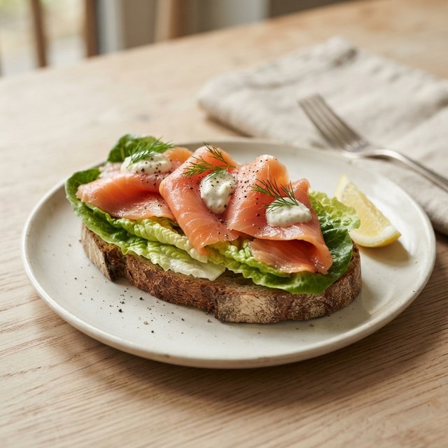 Gerookte zalm met mierikswortel en romaine sla