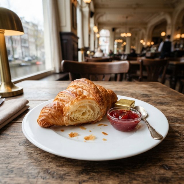 Croissant met boter en aardbeienjam