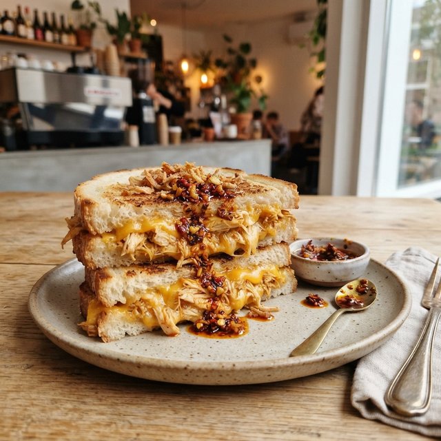 PULLED CHICKEN MELT met cheddar, gebakken uitjes en crispy chili oil