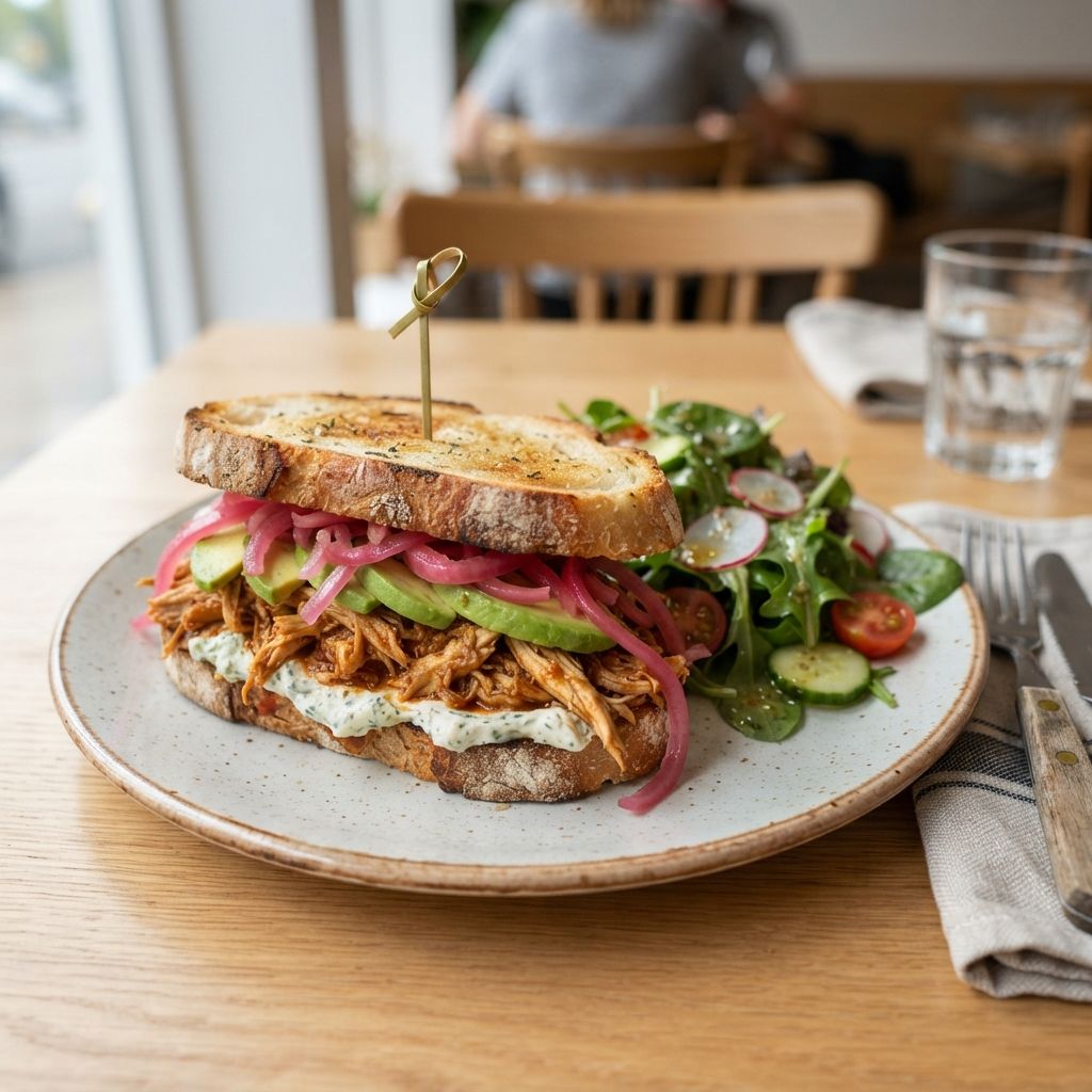 PULLED CHICKEN met creamcheese, avocado en zoet-zure rode ui