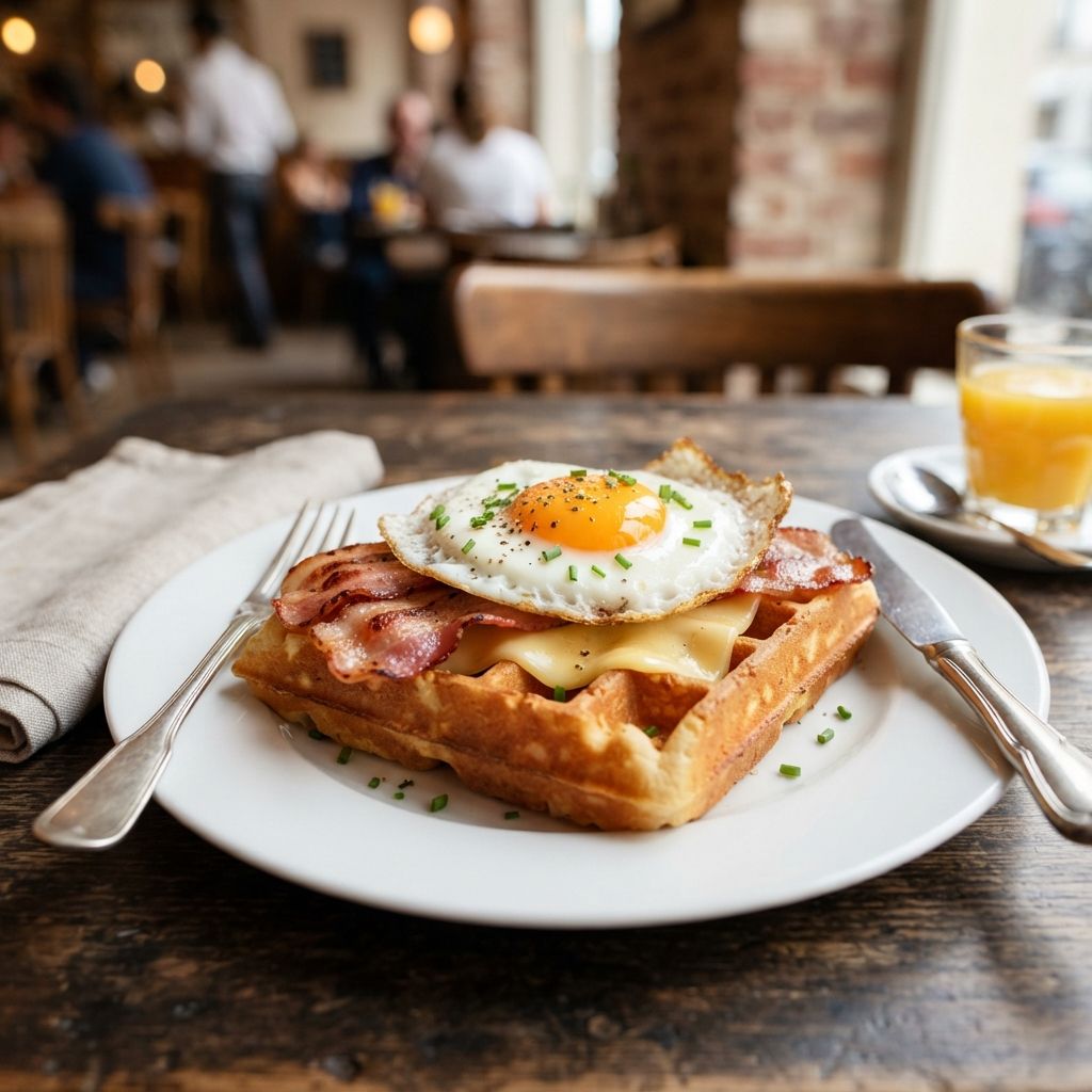 Belgische wafel met spek, kaas en spiegelei