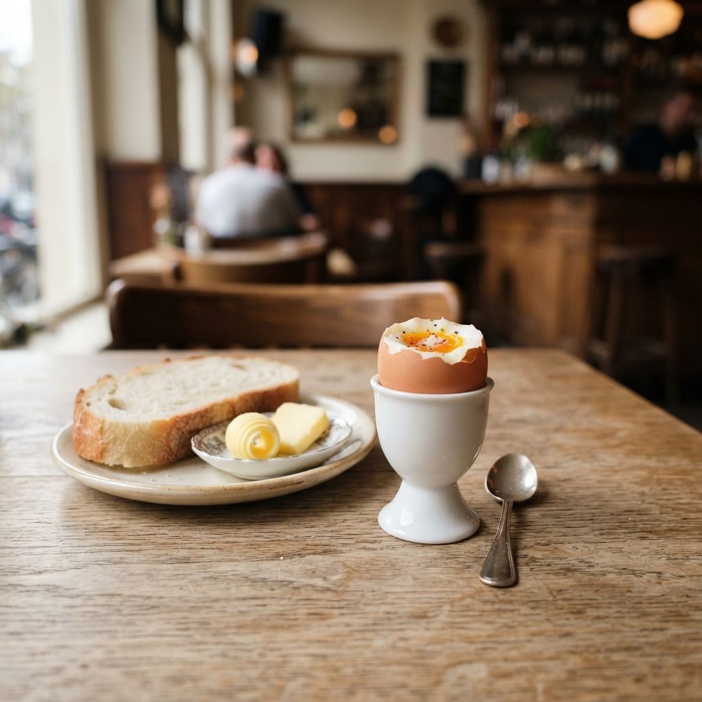 Gekookt eitje met sneetje brood en boter