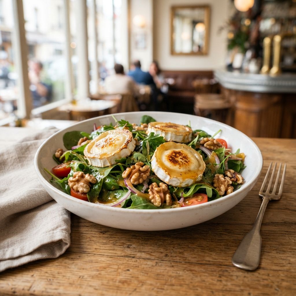 Salade met geitenkaas, honing-mosterddressing en walnoot