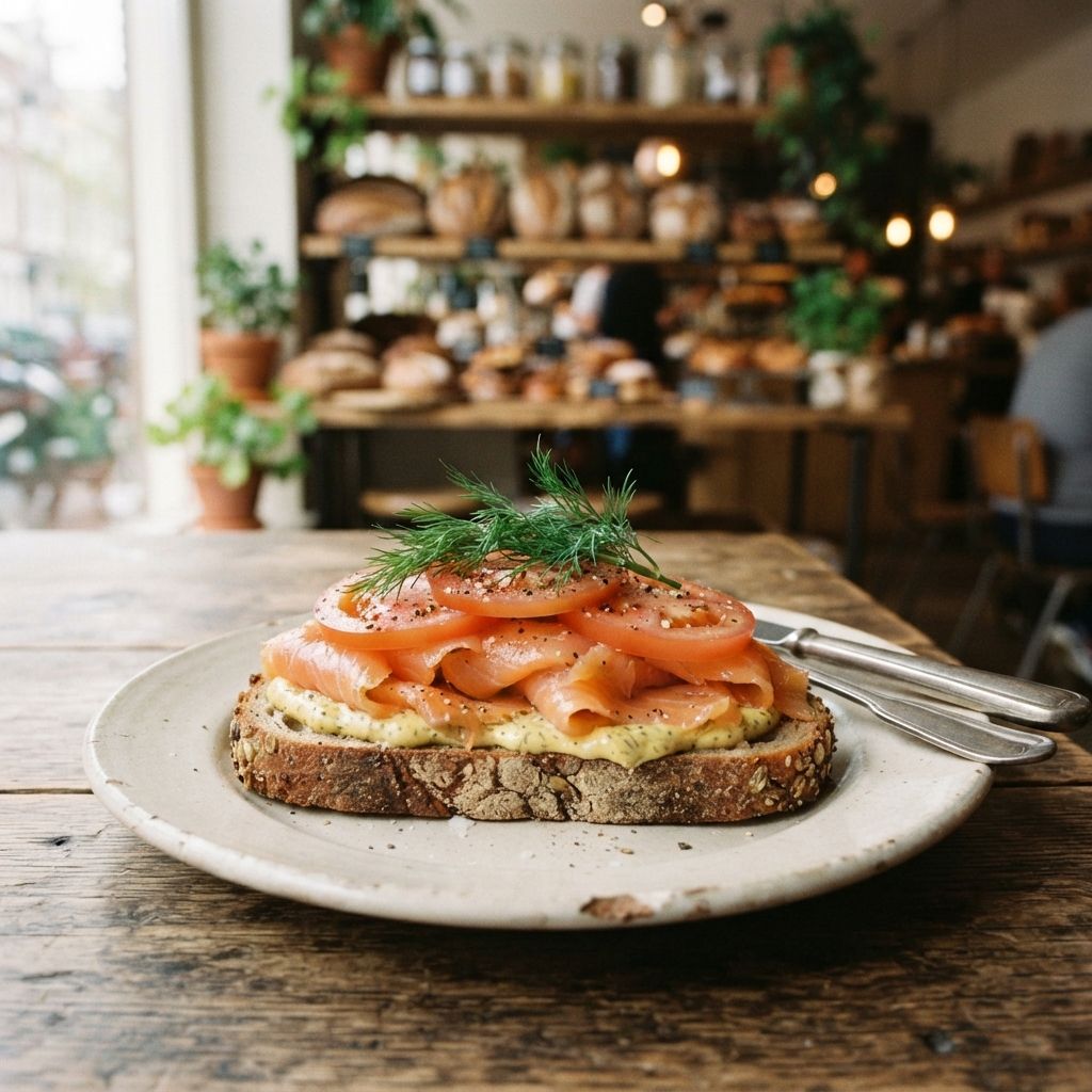 Gerookte zalm met mosterdmayonaise en tomaat