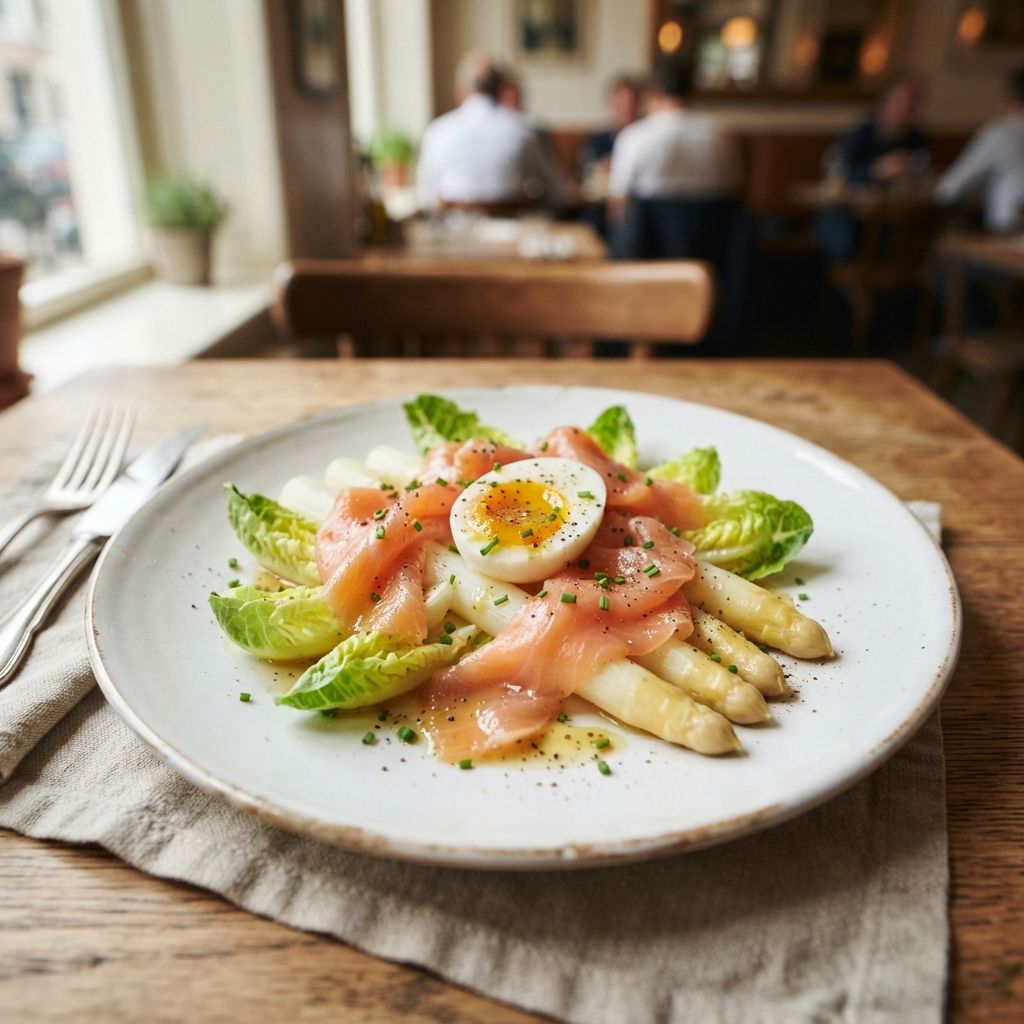 Salade met witte asperges, gekookt ei, gerookte zalm met romaine sla en honing mosterd dressing