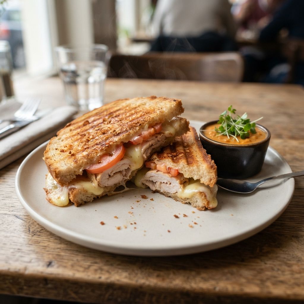 Tosti Vrijburcht met kiprollade, tomaat, boeren zilte kaas en dip van rode linzen