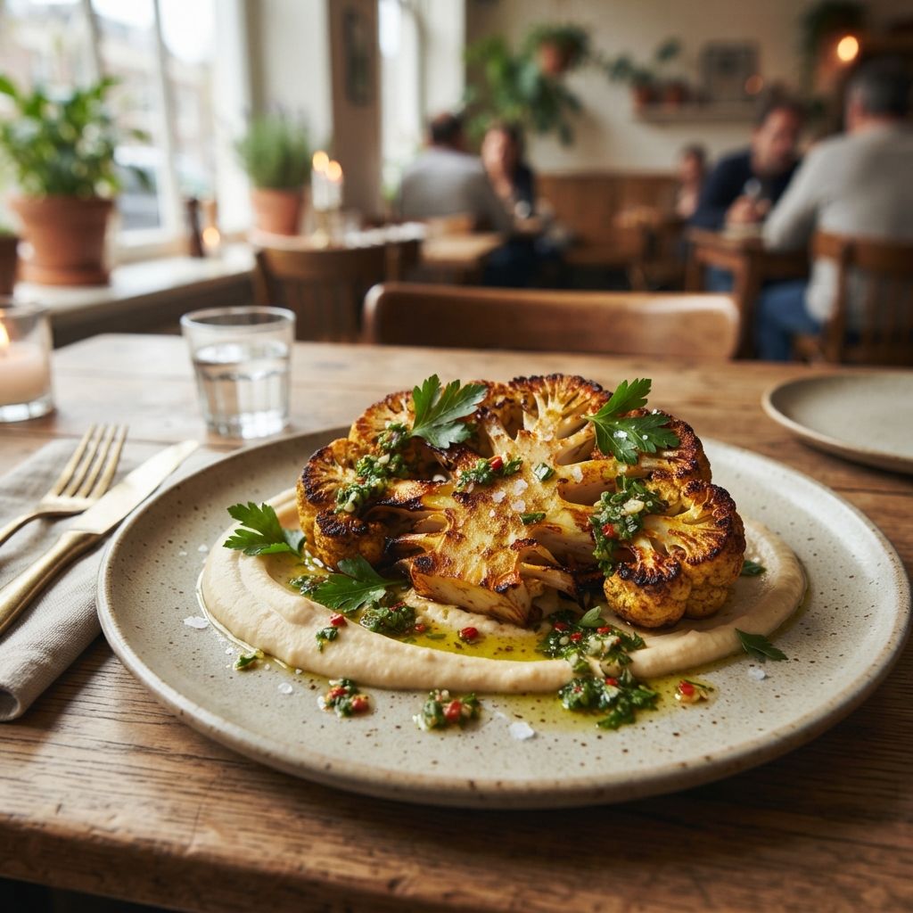 Gekruide bloemkoolsteak met crème van boterbonen en chimichurri