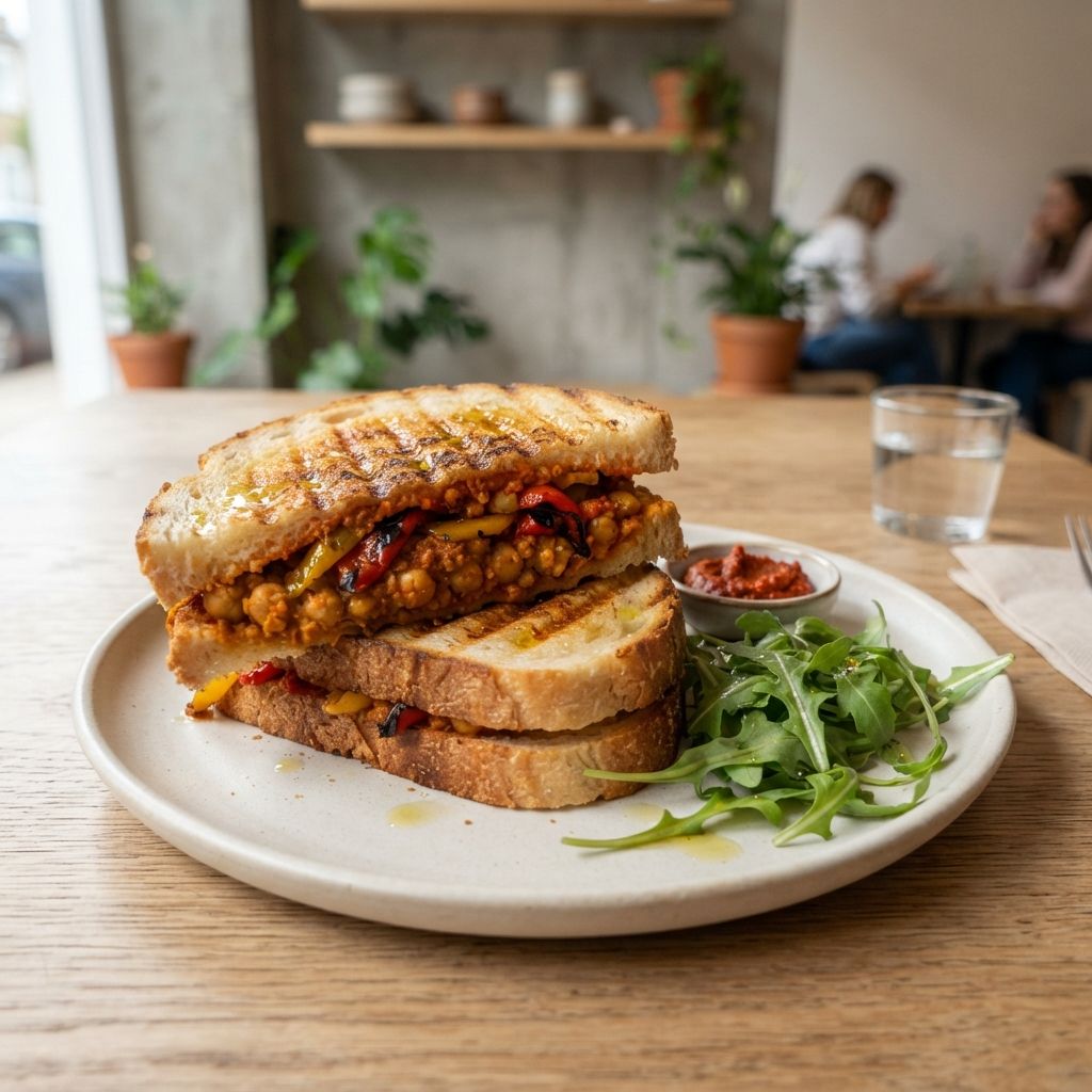 Vegan tosti chickpeas, harissa and grilled peppers