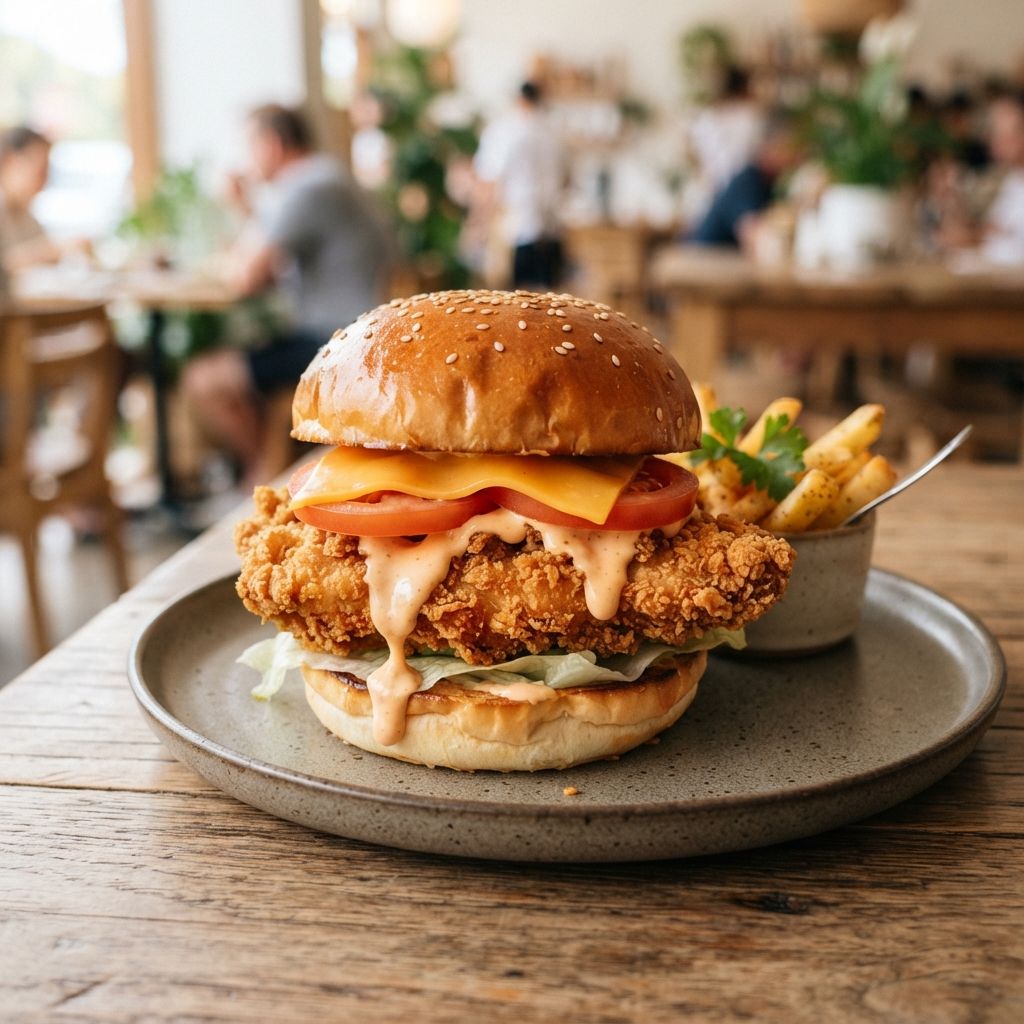 Kip filet burger op een brioche bun met chili mayo & tomaten [+ cheddar optie @