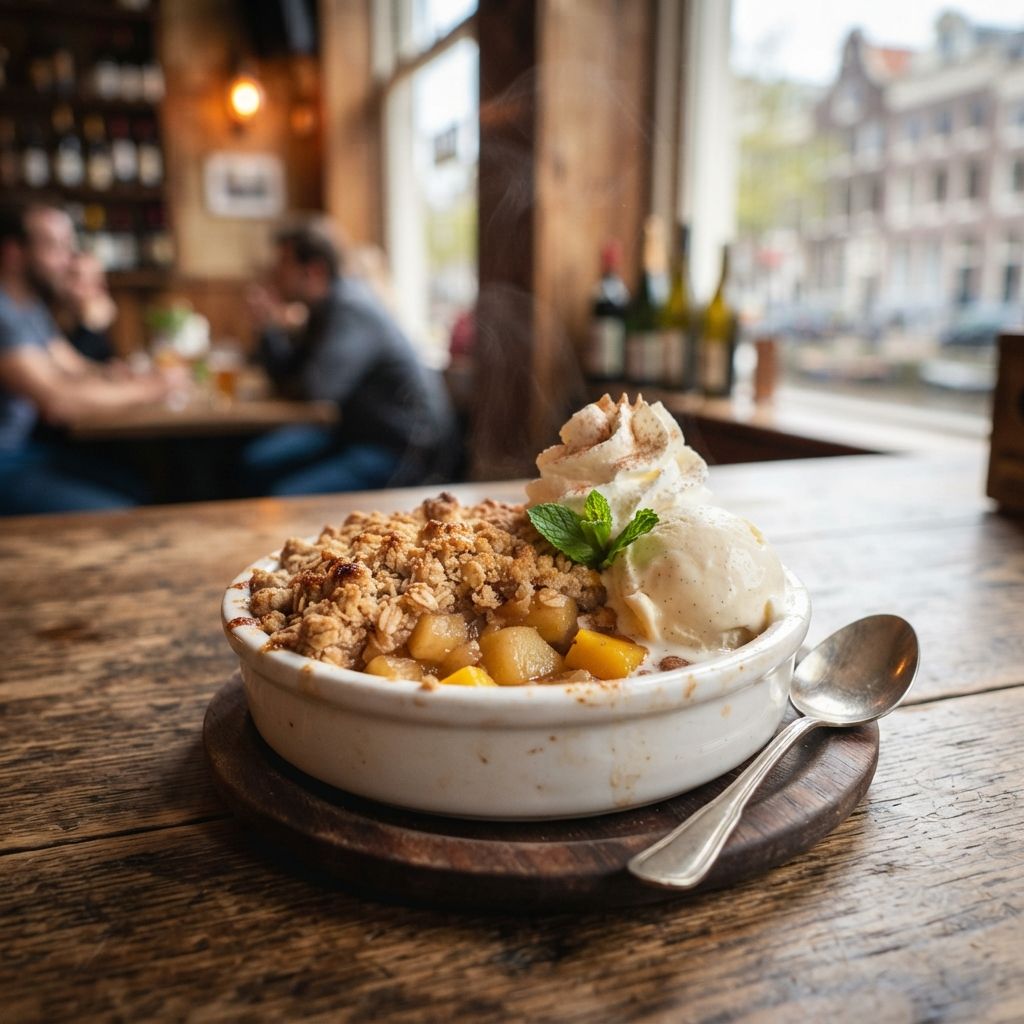Appel-mango crumble met vanille-ijs en slagroom