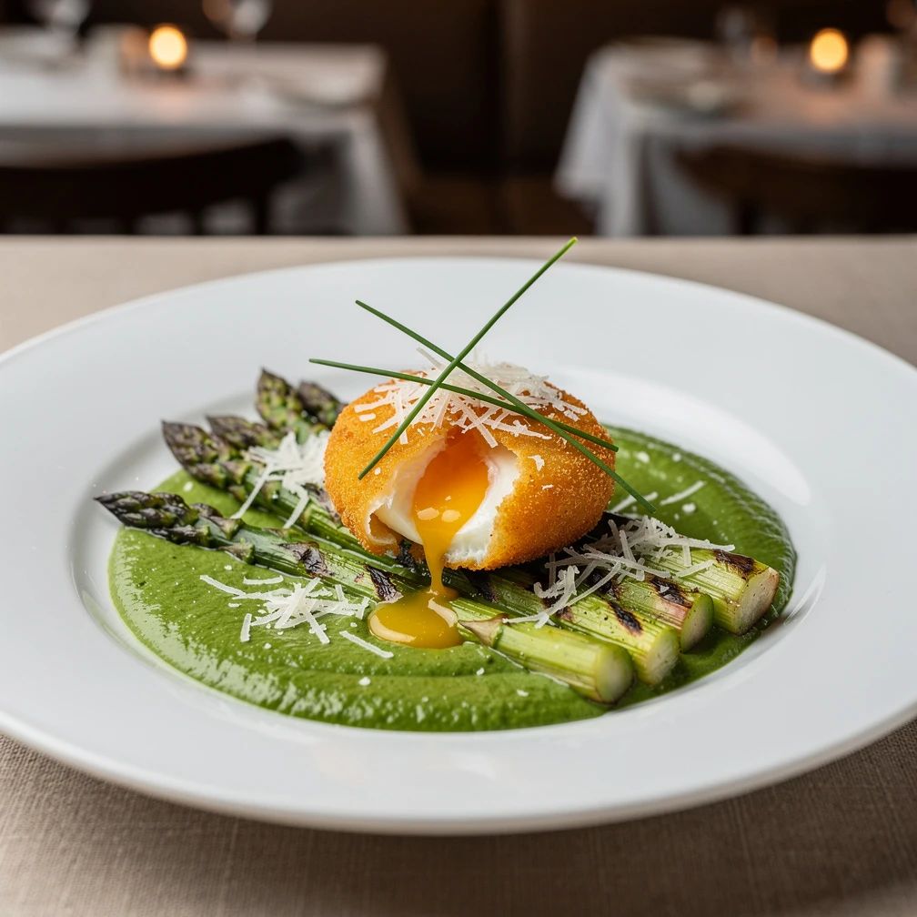 Groene asperge met een krokant eitje