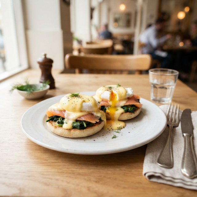 Eggs Norwegian - gepocheerde eieren met gemarineerde zalm, gebakken wilde spinazie en Hollandaisesaus
