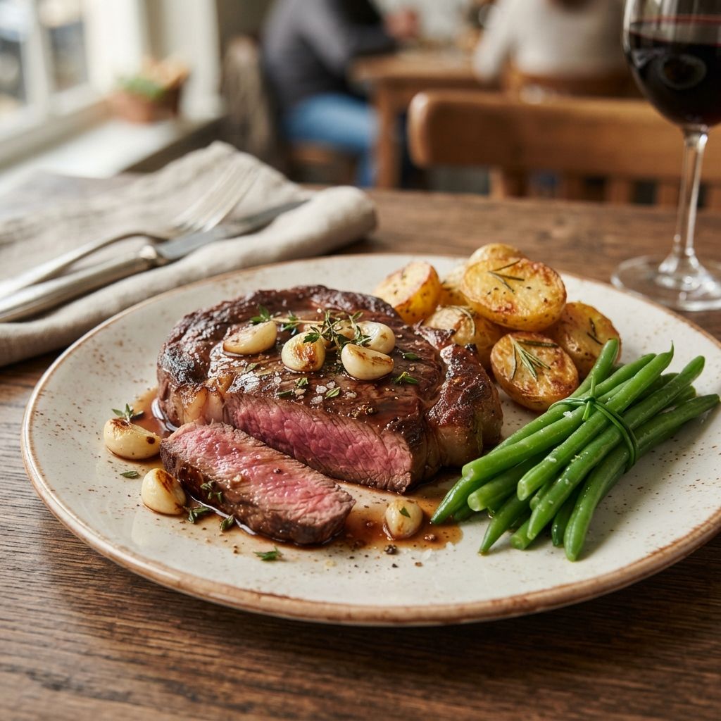 Gebakken rib-eye (250gr, medium rare) met kriel aardappeltjes, haricots verts en kalfsjus met gepofte knoflook