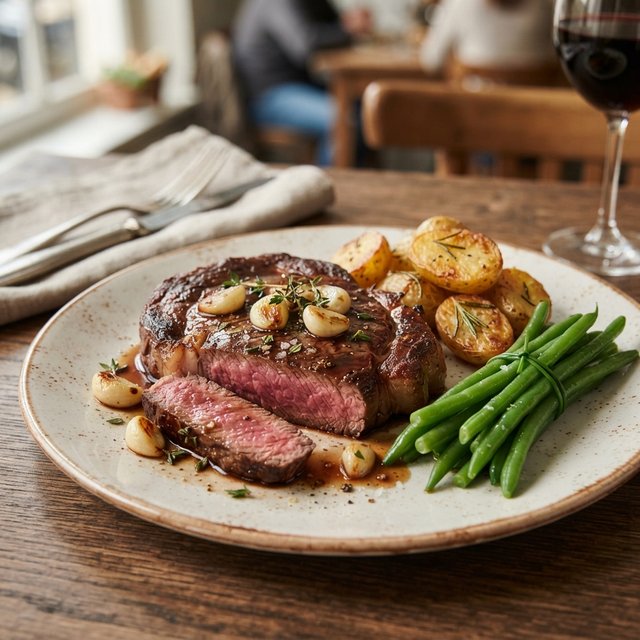 Gebakken rib-eye (250gr, medium rare) met kriel aardappeltjes, haricots verts en kalfsjus met gepofte knoflook