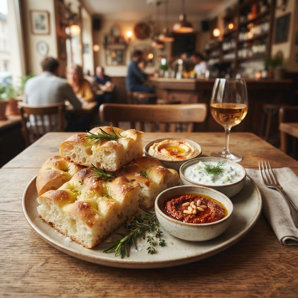 Brood (focaccia) met dips: hummus, tzatziki en rode pesto