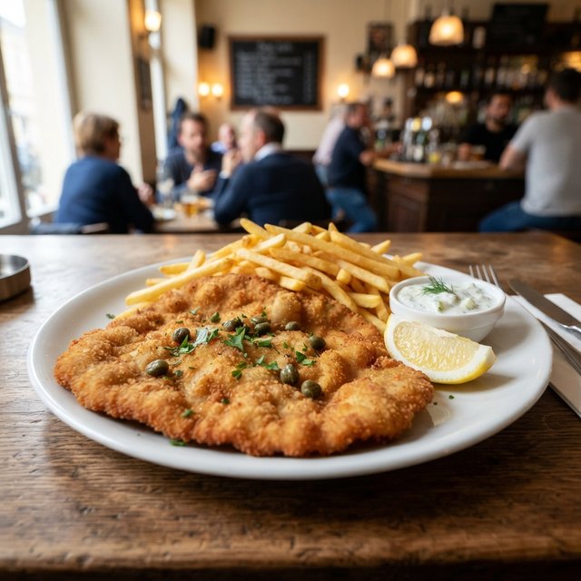 Wiener Schnitzel met frites, kappertjes en tzatziki