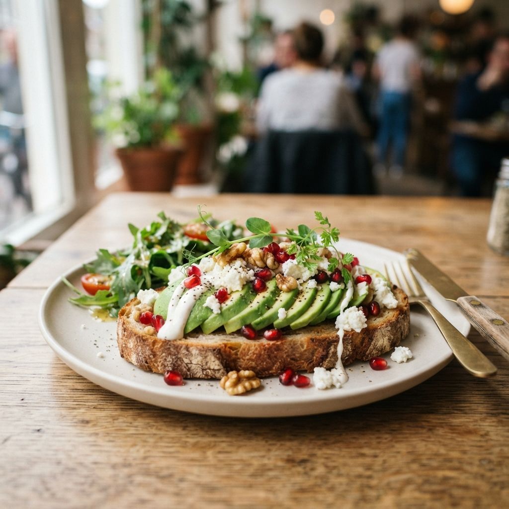 Avocado, feta kaas, zure room, granaatappel en walnoot