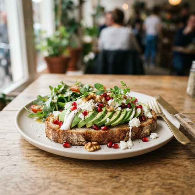 Avocado, feta kaas, zure room, granaatappel en walnoot