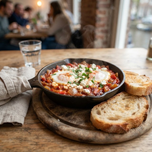Shakshuka met brood: eieren, groenten, feta in tomatensaus uit de oven