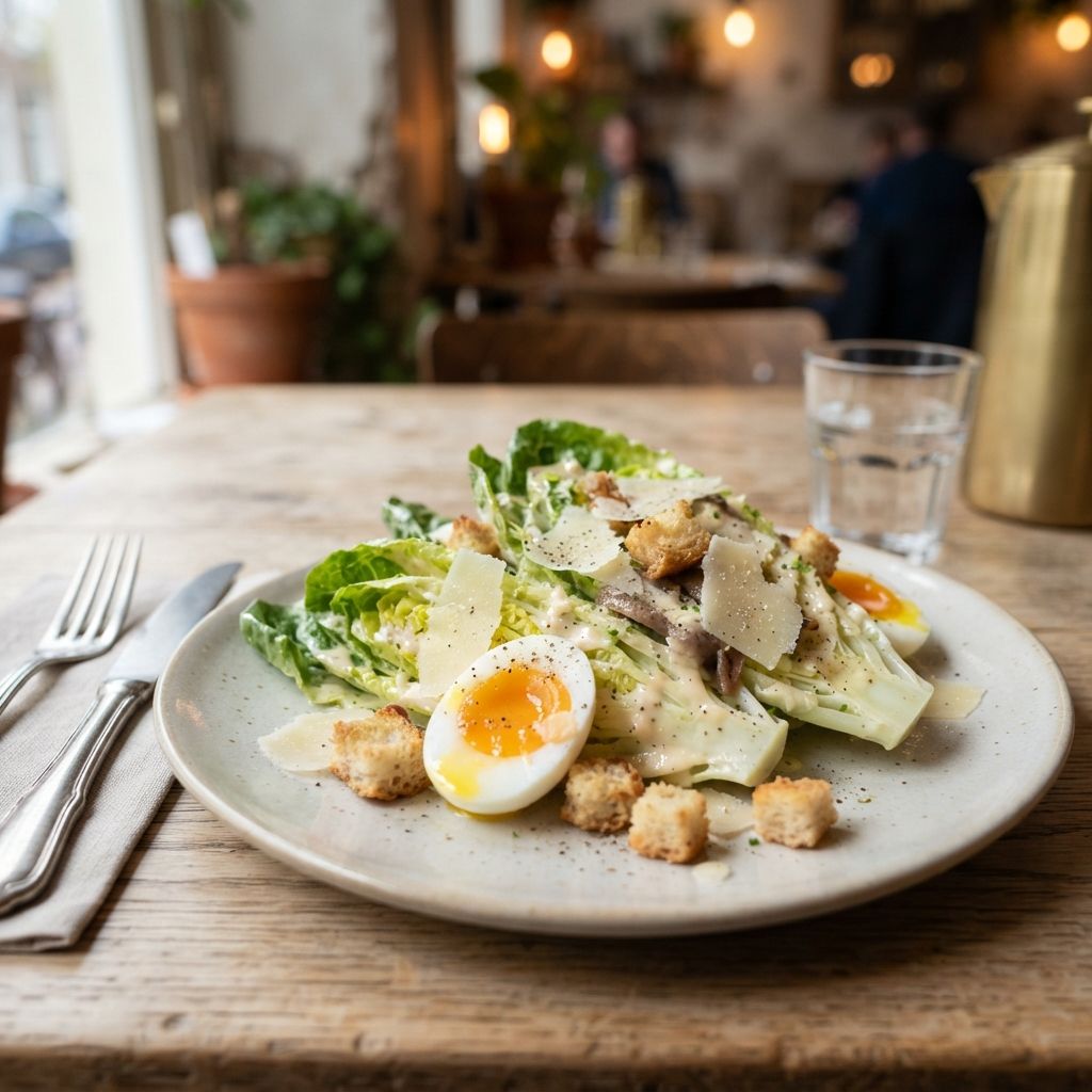 Little Gem, 2x boiled eggs, Caesar dressing, parmezaan & croutons