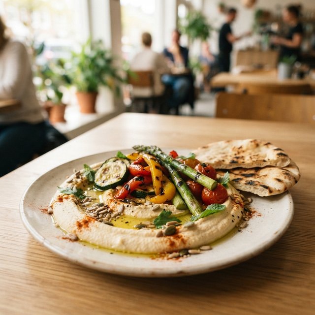 HUMMUS met gegrilde seizoensgroenten en gemixte zaden