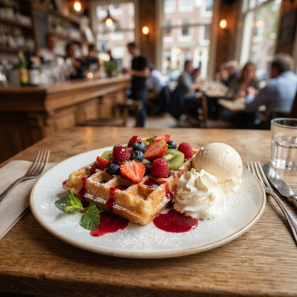 Belgische wafel met fruit, vanille-ijs, slagroom en frambozencoulis