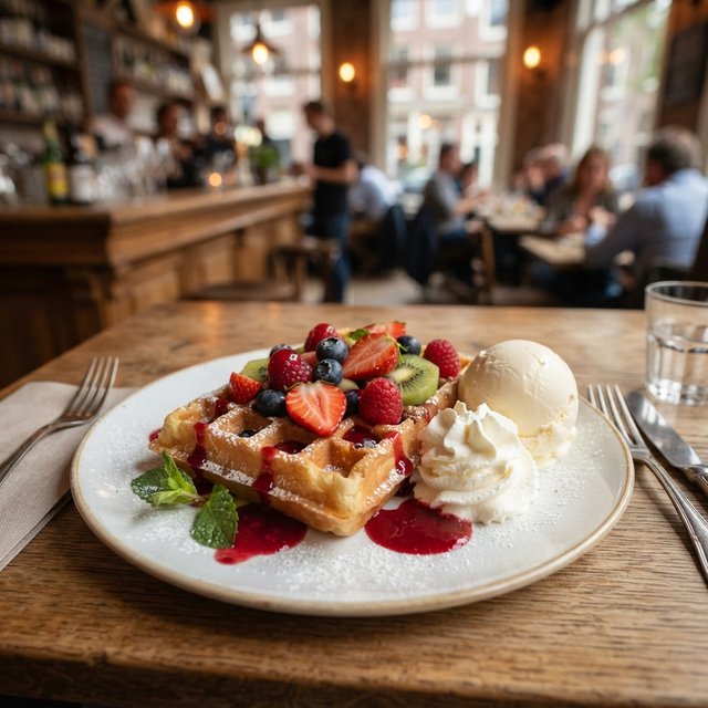 Belgische wafel met fruit, vanille-ijs, slagroom en frambozencoulis