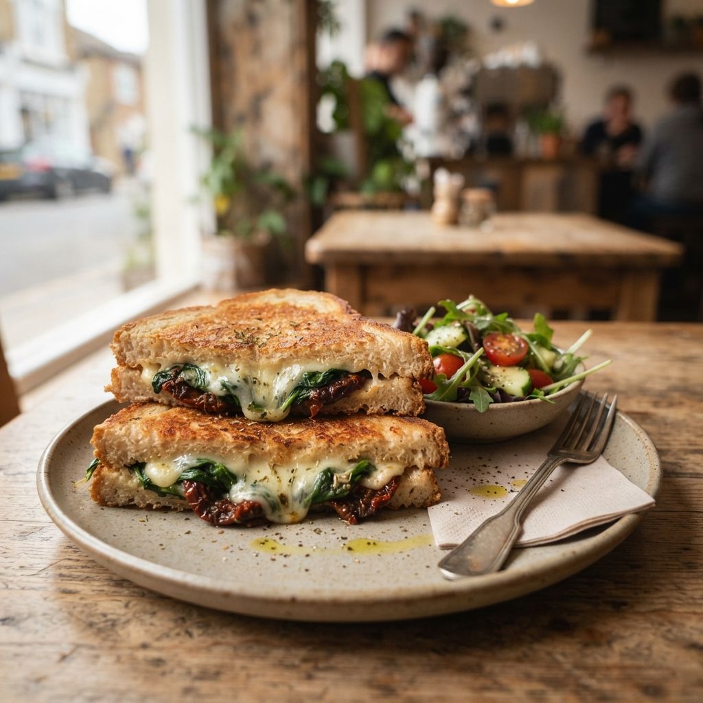 Tosti with cheese, spinach and sundried tomatoes