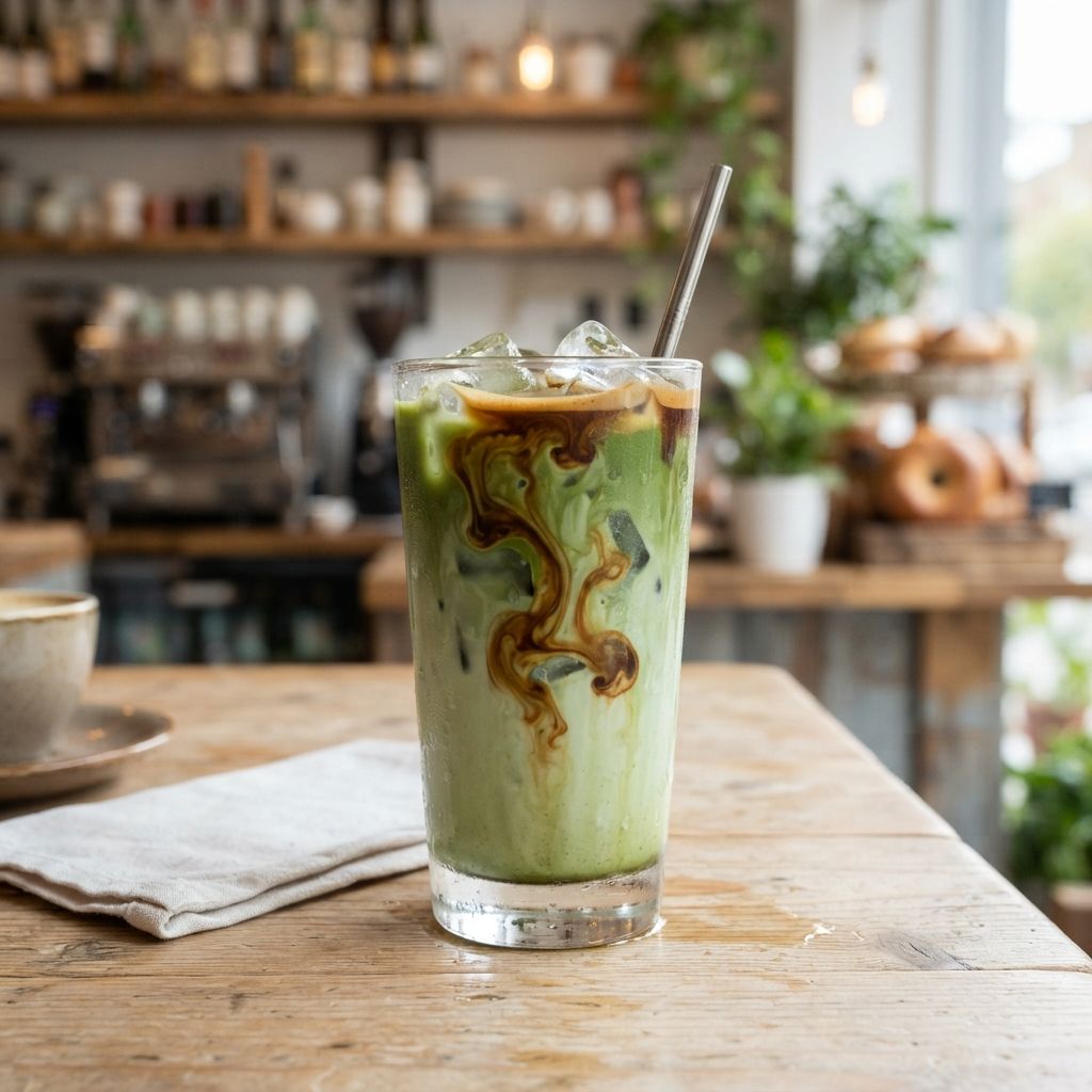 Iced dirty matcha latte soja