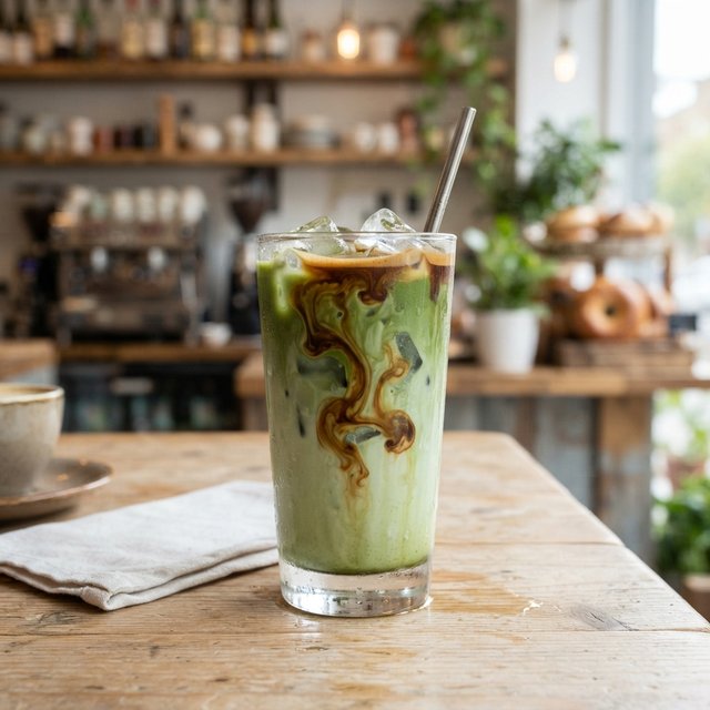 Iced dirty matcha latte soja