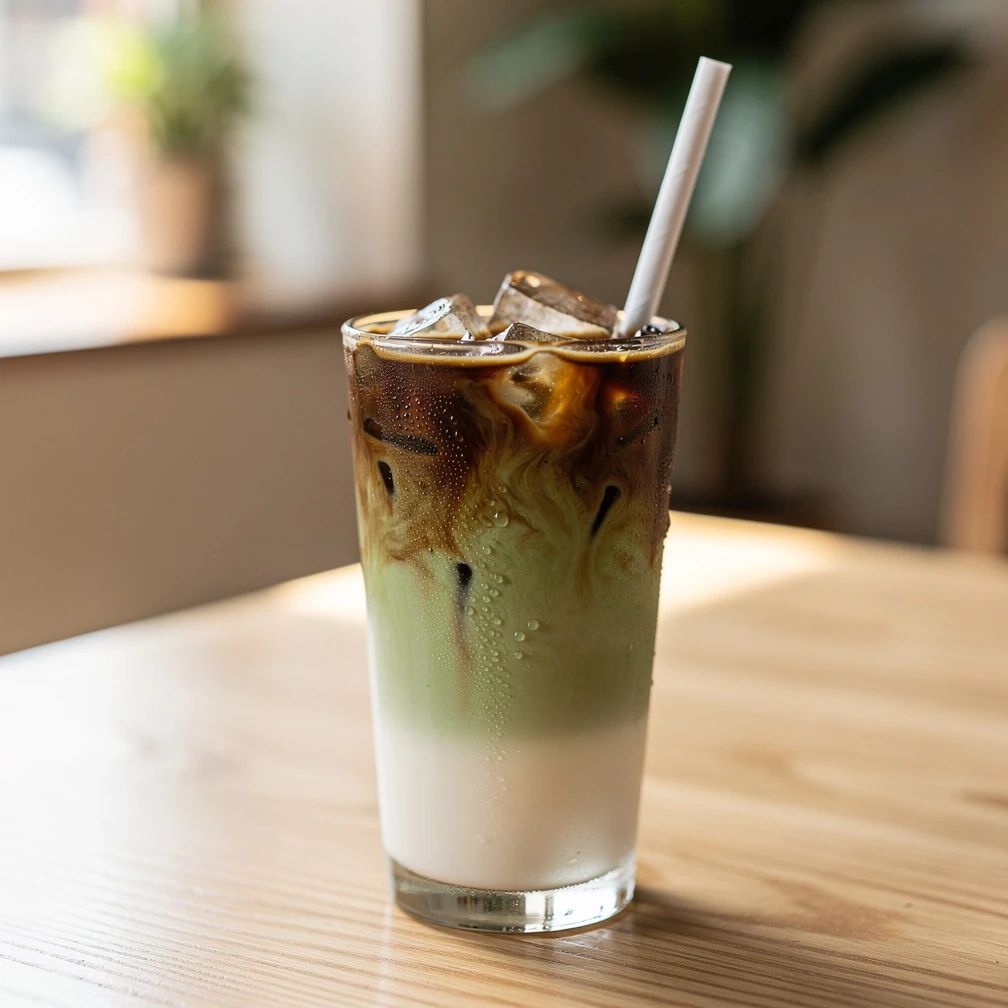 Iced dirty matcha latte soja
