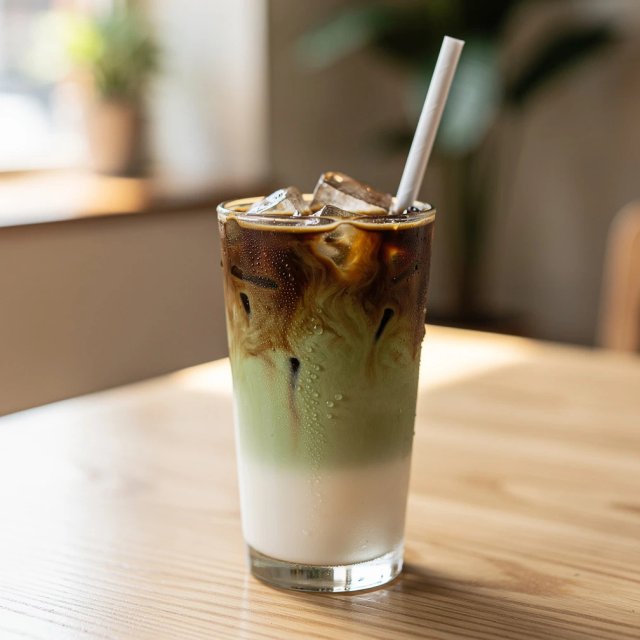 Iced dirty matcha latte soja