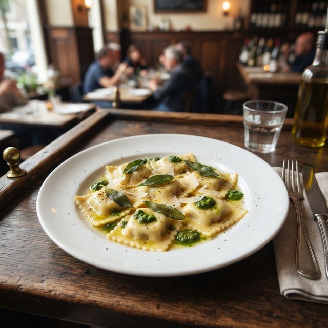 Ravioli gevuld met ricotta en groene pesto, geserveerd met salieboter
