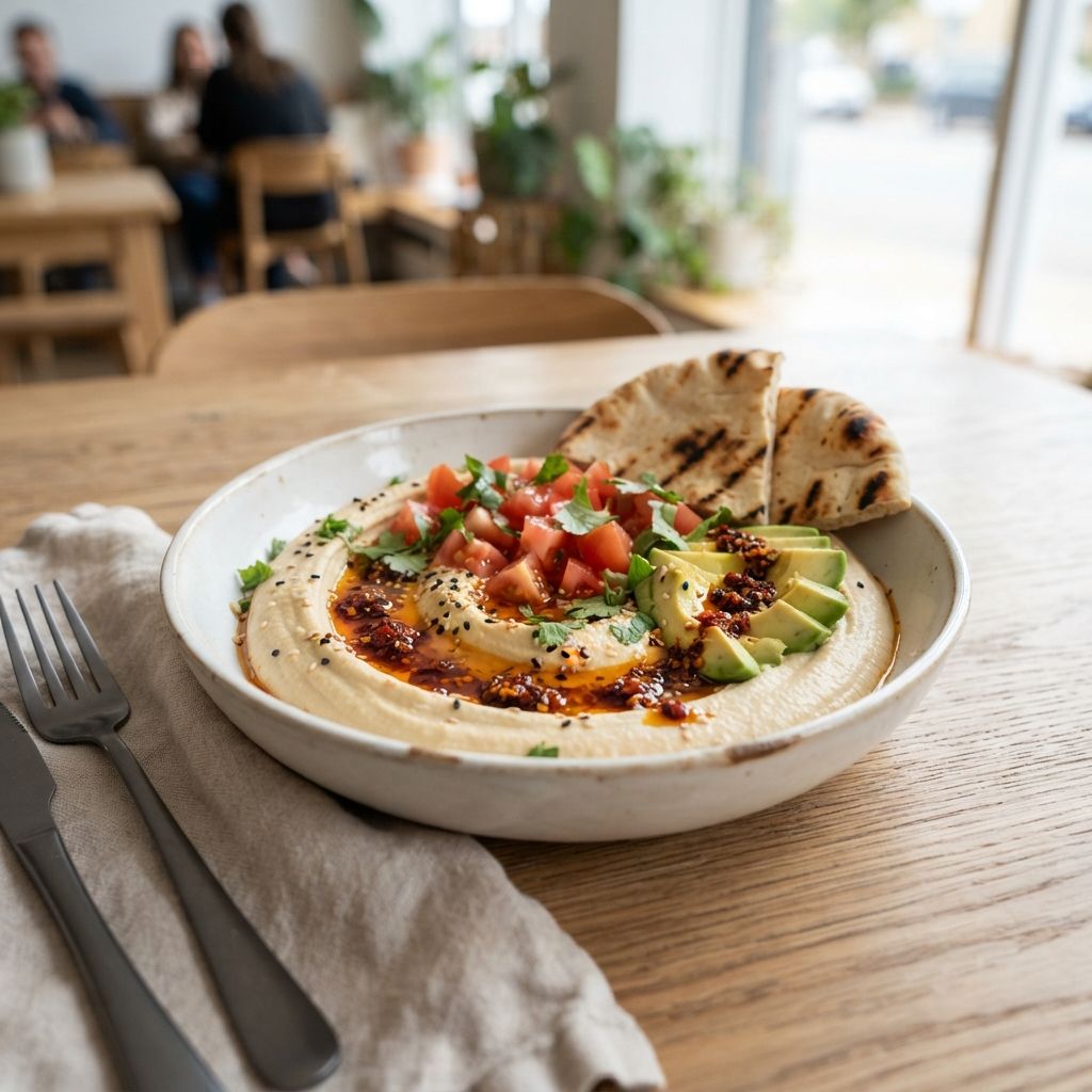 HUMMUS met tomaat, avocado en crispy chili oil