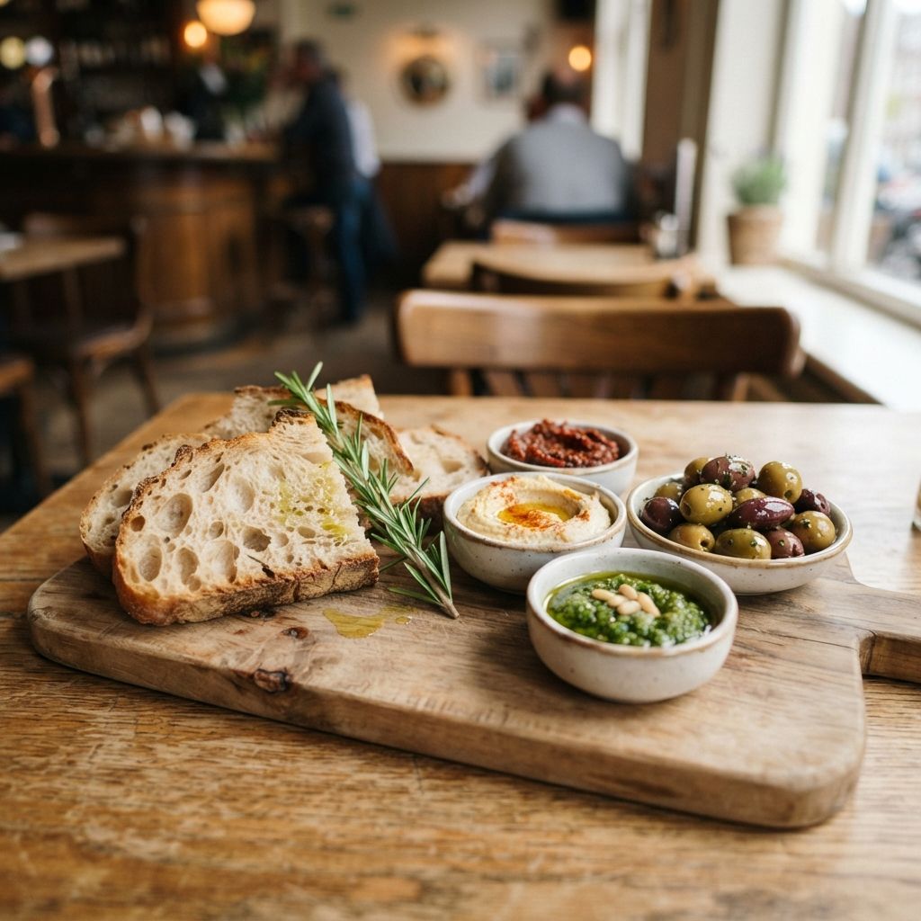 Zuurdesem brood met mediterrane dips en huisgemarineerde olijfjes