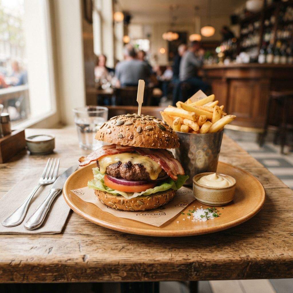 Wildschut cheese-baconburger op meerzadenbol met frites