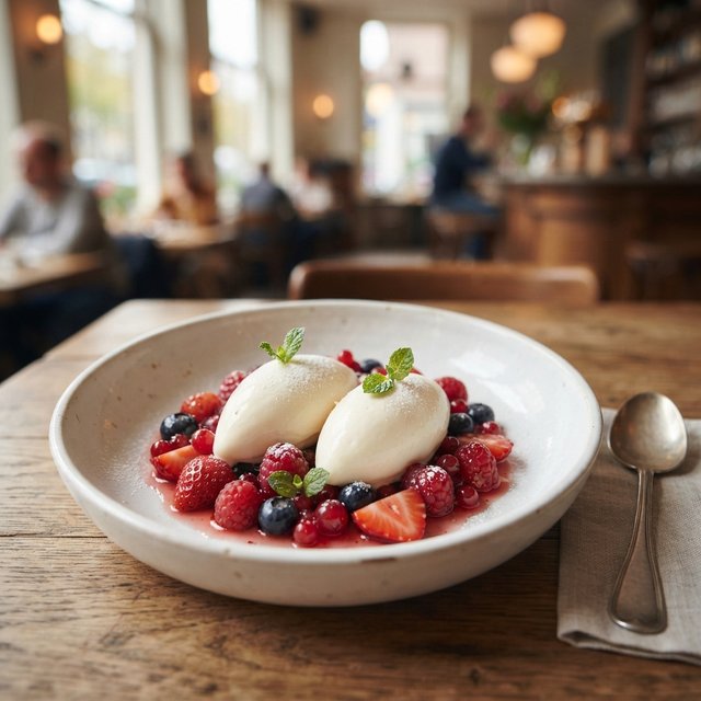Yoghurtijs met gemarineerd rood fruit