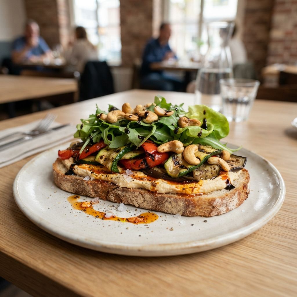 Hummus met harissa, gegrilde groente, cashewnoten, rucola, kropsla en balsamico